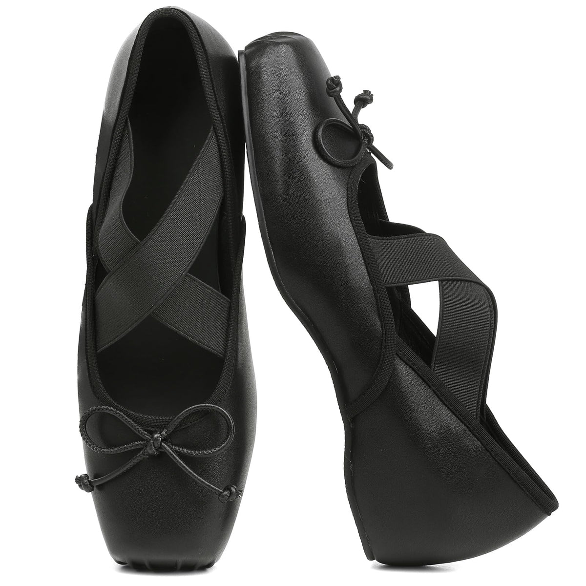 Women's Ballet Flats Square Toe Criss Cross Straps with Bow Low Wedge Shoes