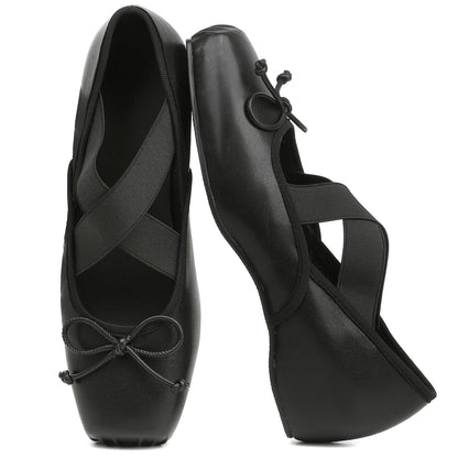 Women's Ballet Flats Square Toe Criss Cross Straps with Bow Low Wedge Shoes