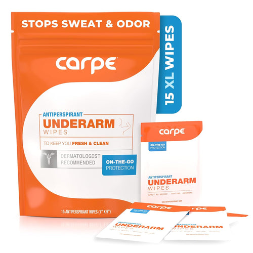 Carpe Antiperspirant Underarm Wipes for Sweat Blocking, Deodorizing, and Cleansing When You’re On the Move - 15 Residue Free, Individually Wrapped Wipes - Clean and Refreshing Scent