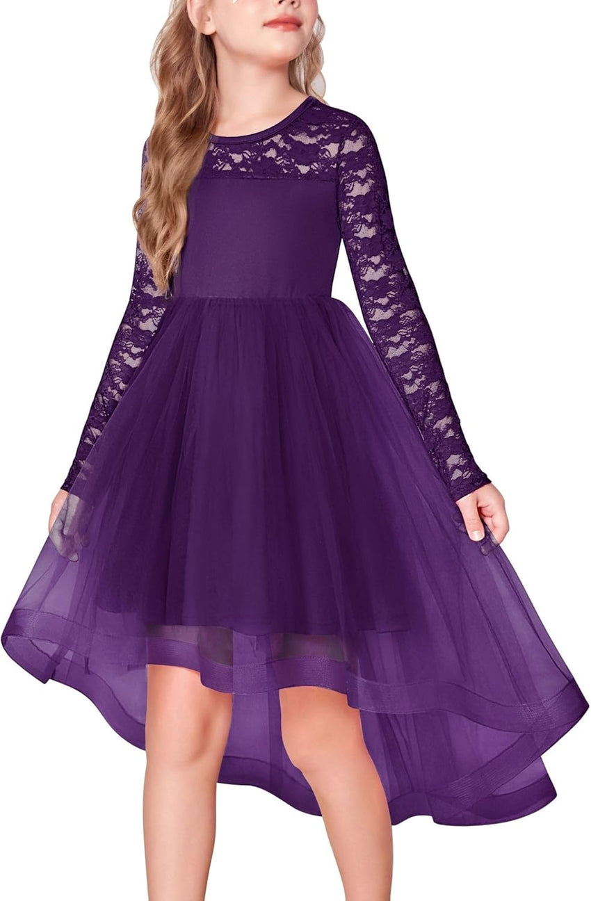 Arshiner Flower Girl Lace Tutu Dresses High Low Hem Long Sleeve Flowy Formal Party Wedding Dress