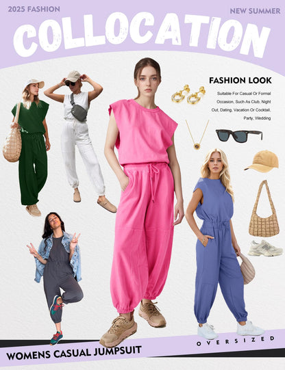 Flygo Womens Casual Jumpsuit Crewneck Cap Sleeve Long Wide Leg Pants One Piece Outfits Drawstring Romper with Pockets(LightGrey-M)