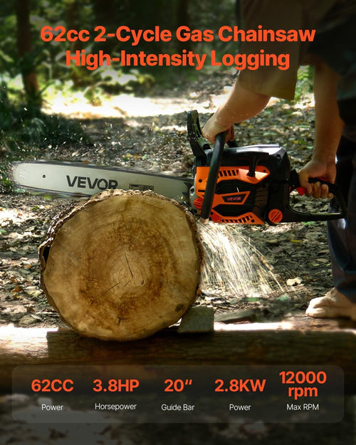 VEVOR 20inch 62CC Gas Powered Chainsaw, 3.8 HP 2 Stroke Engine Gas Power Chainsaws with Non-Slip Handle, Gas Chainsaws with Dual Fuel Tanks, For Wood Cutting, Tree Trimming, and Land Clearing