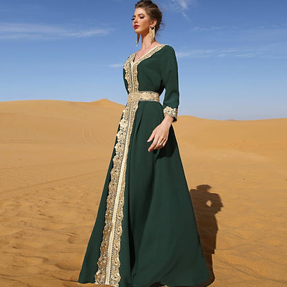 Abaya for Women Floral Lace Ethnic Moroccan Dress Muslim Dubai Attire Islamic Clothes Wedding Eid Ramadan Jalabiya