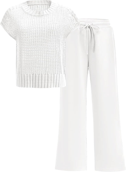 ANRABESS Women Two Piece Outfits Crochet Sheer Knit Sweater Top Wide Leg Pants Lounge Matching Sets Sweatsuit Travel Clothes