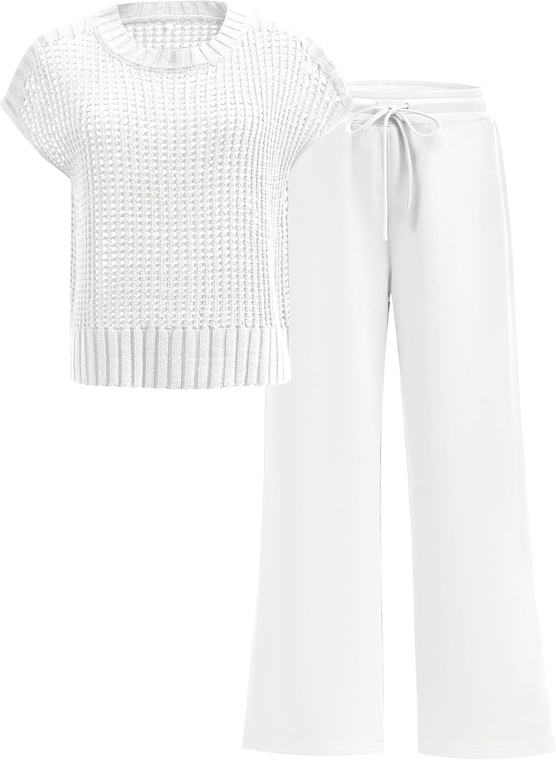 ANRABESS Women Two Piece Outfits Crochet Sheer Knit Sweater Top Wide Leg Pants Lounge Matching Sets Sweatsuit Travel Clothes