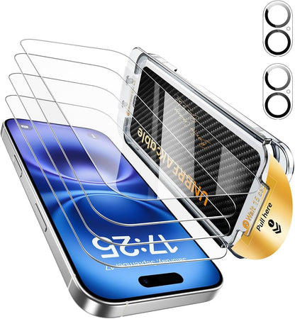 UNBREAKcable for iPhone 16 Pro Screen Protector 4+2 Pack [9H+ Military-Grade Shatterproof] [Effortless Bubble-Free Installation] Ultra HD Clarity Tempered Glass with Lens Protector, Case friendly