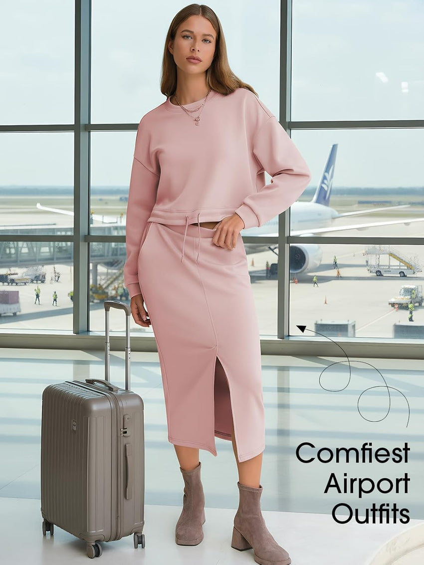 EXLURA Womens 2 Piece Skirts Set Fall Airport Drawstring Sweatshirts Midi Skirt Dress Lounge Sets Travel Outfits Winter 2025