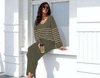 ETCYY NEW Womens 2 Piece Outfits Sweater Lounge Set Casual V Neck Knit Pajama Set Long Sleeve Top Wide Leg Pants Loungewear