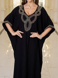 Women V Neck Embroidery Kaftan Dress Loose Casual Beach Cover Up Long Caftans Maxi Dresses
