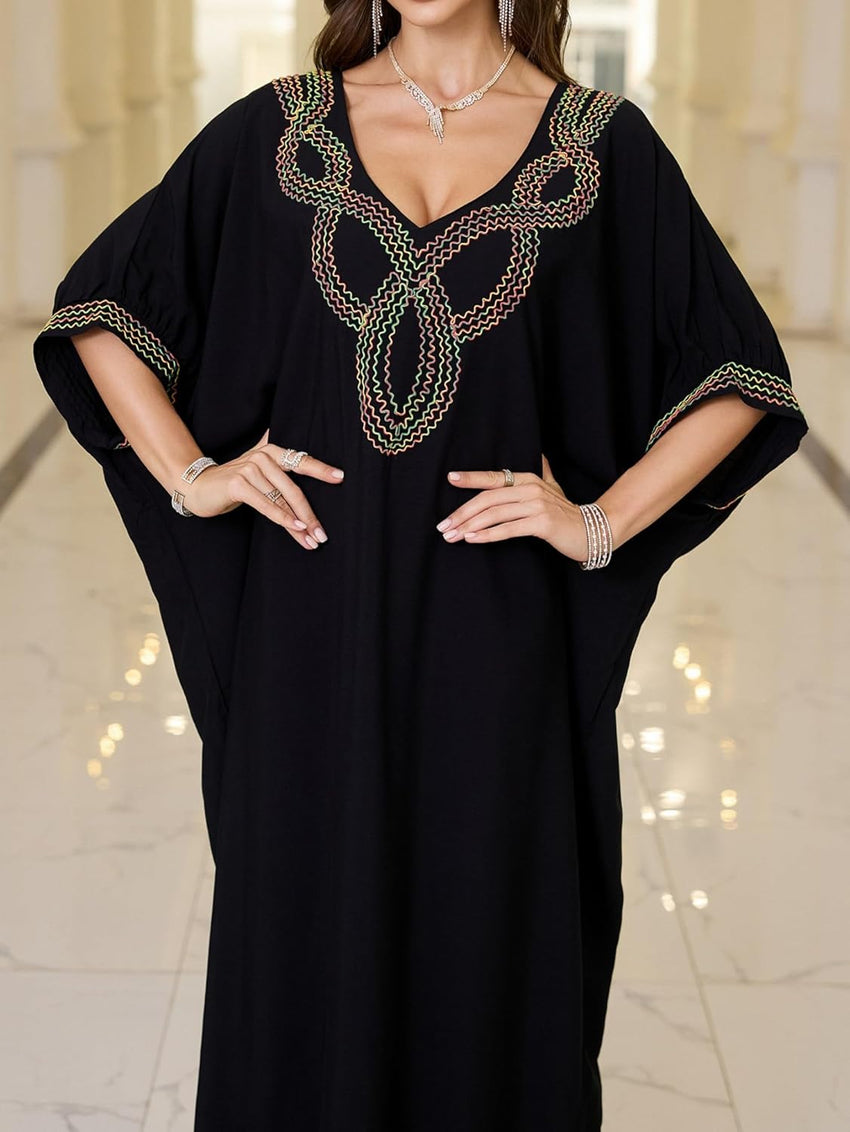 Women V Neck Embroidery Kaftan Dress Loose Casual Beach Cover Up Long Caftans Maxi Dresses