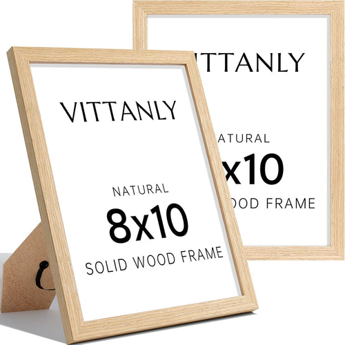 Vittanly 8x10 Picture Frame Set of 2, Solid Wood Frame for Wall or Tabletop, Display Photo 5x7 with Mat or 8x10 without Mat, Natural