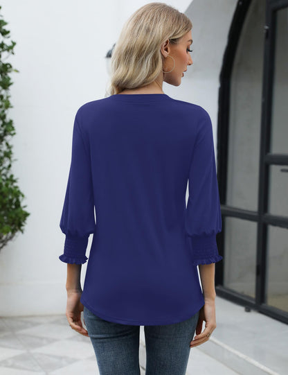 LOMON Blouses for Women Dressy Casual 3/4 Sleeve Tops for Women V Neck T Shirt Ladies Tops and Blouses Orange Blue Print L