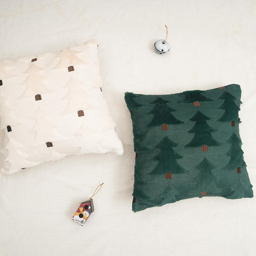 GEEORY Christmas Pillow Covers 18x18 Inch Set of 2, Christmas Decorations Xmas Tree Soft Plush Fluffy Faux Fur Decorative Throw Pillows Rustic Winter Decor Cushion Case Beige Brown GC034-18