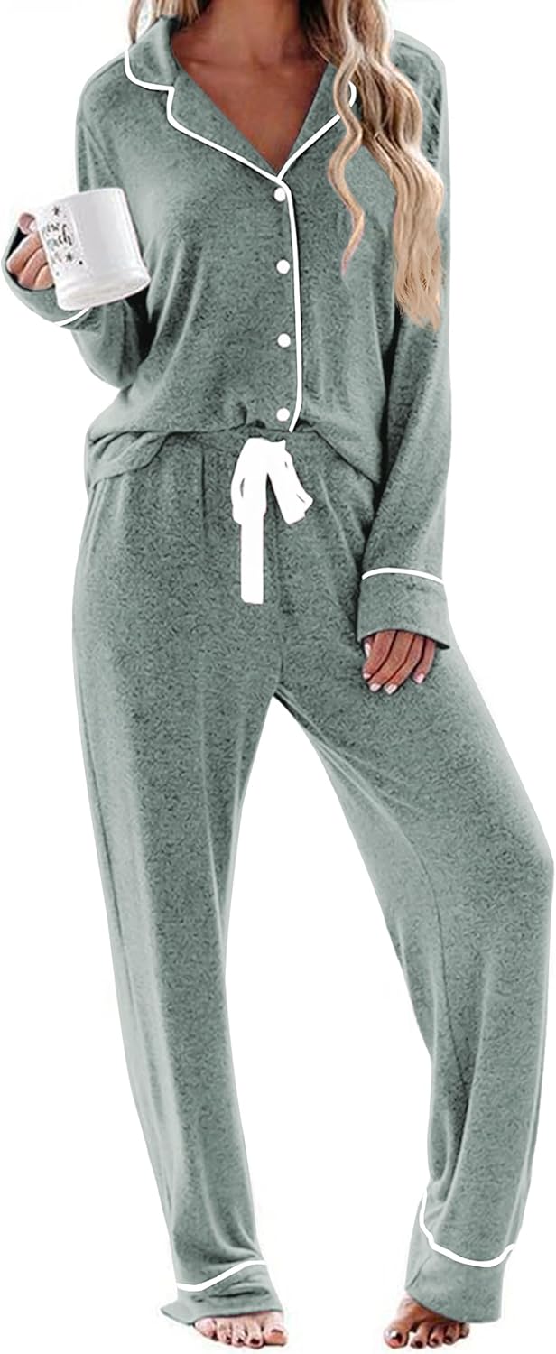 Ekouaer Women's Pajamas Long Sleeve Sleepwear Casual Button Down Loungewear Soft Pjs Set S-XXL