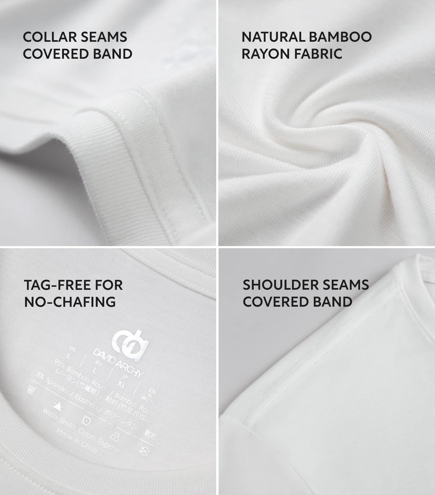 DAVID ARCHY Men's Undershirt Bamboo Rayon Moisture-Wicking Crewneck T-Shirts Stretch Tees for Men, 3 or 5 Pack