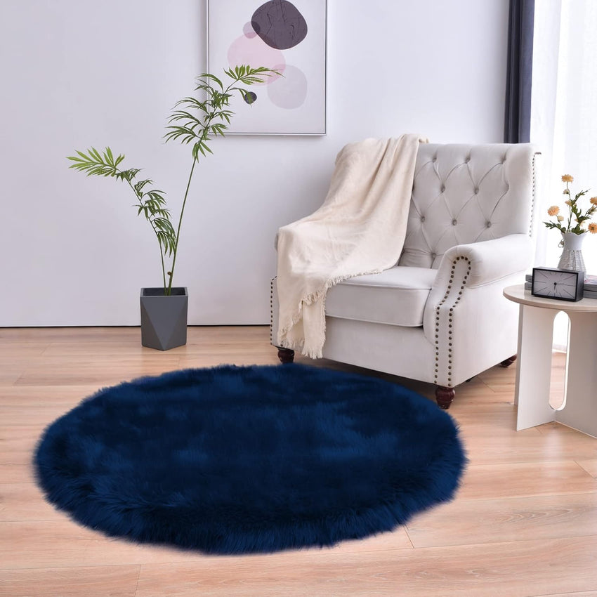 duduta Navy Blue Faux Sheepskin Throw Rug 2x3 ft, Fluffy Shag Fur Chair Cover Small Bedside Dorm Rug Non Slip Machine Washable