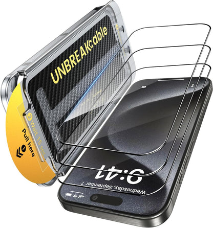UNBREAKcable 3-Pack Screen Protector for iPhone 16 Pro Max Tempered Glass - [One-Pull Perfection] [Auto Dust-Elimination] [9H+ Hardness] [99.99% HD Clear] Full Coverage for iPhone 6.9 inch