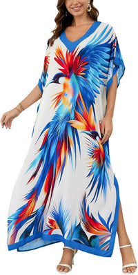 Women's Plus Size Loose Fit Moroccan Print V-Neck Batwing Kaftan Beach Dress Bathing Suit Cover Up