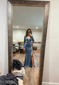 2026 V Neck Long Sleeve Bridesmaid Dresses for Women Velvet Pleated Corset Formal Gown SH005