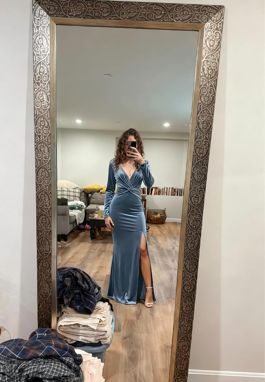 2026 V Neck Long Sleeve Bridesmaid Dresses for Women Velvet Pleated Corset Formal Gown SH005