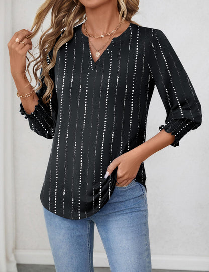 LOMON Blouses for Women Dressy Casual 3/4 Sleeve Tops for Women V Neck T Shirt Ladies Tops and Blouses Orange Blue Print L