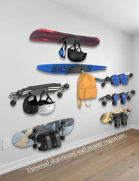 NOTMBESTM Wall Mount Holder for Skateboard/Snowboard/Longboard, Skate Deck Wall Mount Fit for Scooters/Skis Wall Hanger Display, Skateboard Shelf Rack 2.0mm Thick Metal Heavy-Duty with Hooks