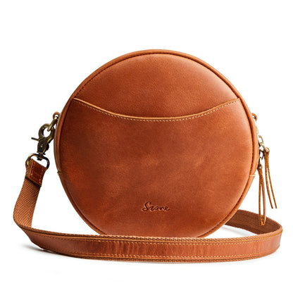 S-ZONE Leather Crossbody Bags for Women Circle Shoulder Round Purse Travel | Top Grain Leather, Keychain, Designer Handbag, Vintage, Multi Pockets, Detachable Strap, Eveyday Outing