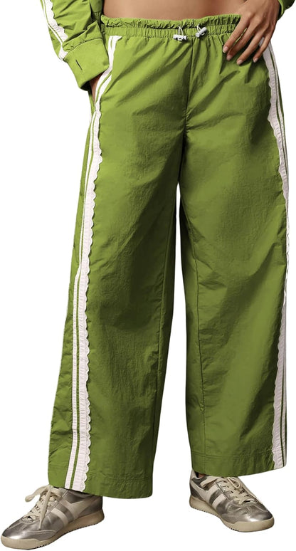 Women Baggy Track Pants Lace Side Stripe Drawstring Elastic Waist Wide Leg Parachute Pants with Pockets