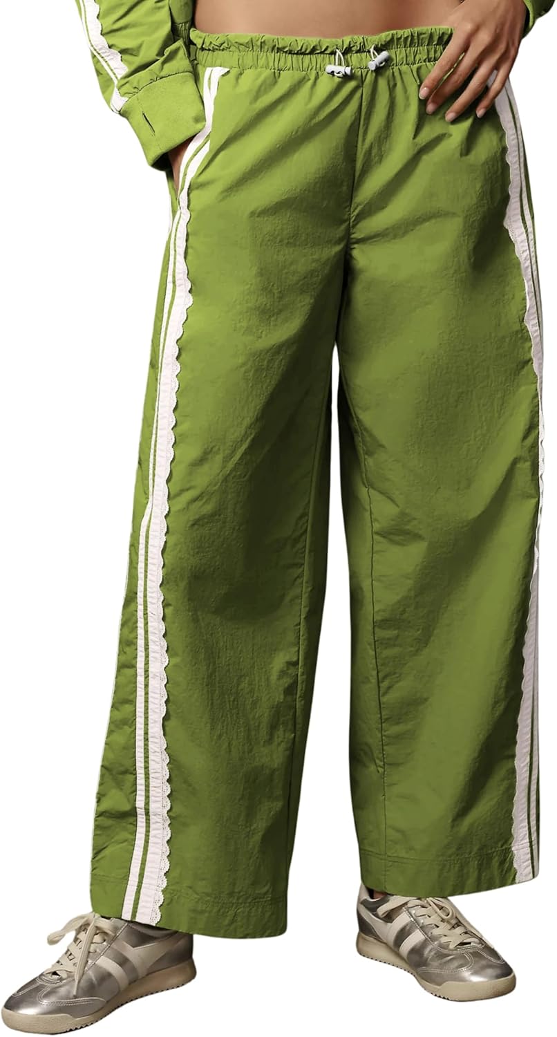 Women Baggy Track Pants Lace Side Stripe Drawstring Elastic Waist Wide Leg Parachute Pants with Pockets