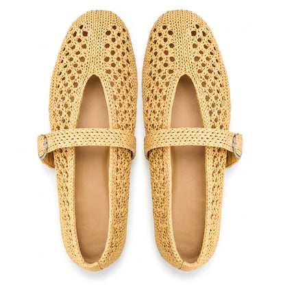 Woven Ballet Flats Women Mesh Raffia Flats Round Toe Mary Janes Comfortable Ballerina Flat Shoes