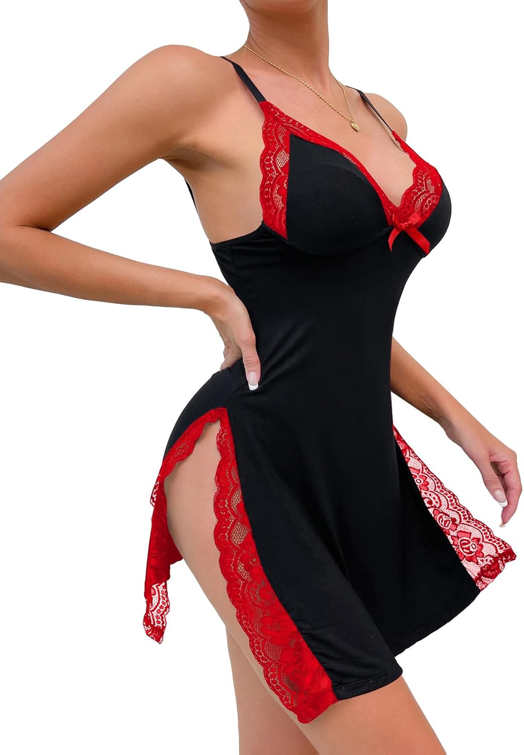 Sexy Split Side Floral Lace Trim Full Slip Night Gown Babydoll Lingerie Dress with Thong 2 piece