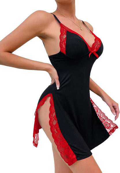 Sexy Split Side Floral Lace Trim Full Slip Night Gown Babydoll Lingerie Dress with Thong 2 piece