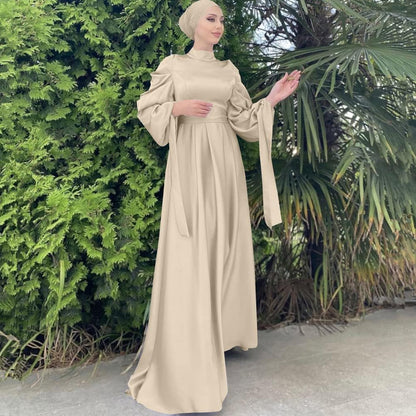 OBEEII Muslim Dress for Women Loose Full Cover Long Abaya Satin Dress Kaftan Abayas Islamic Robe S-XXL