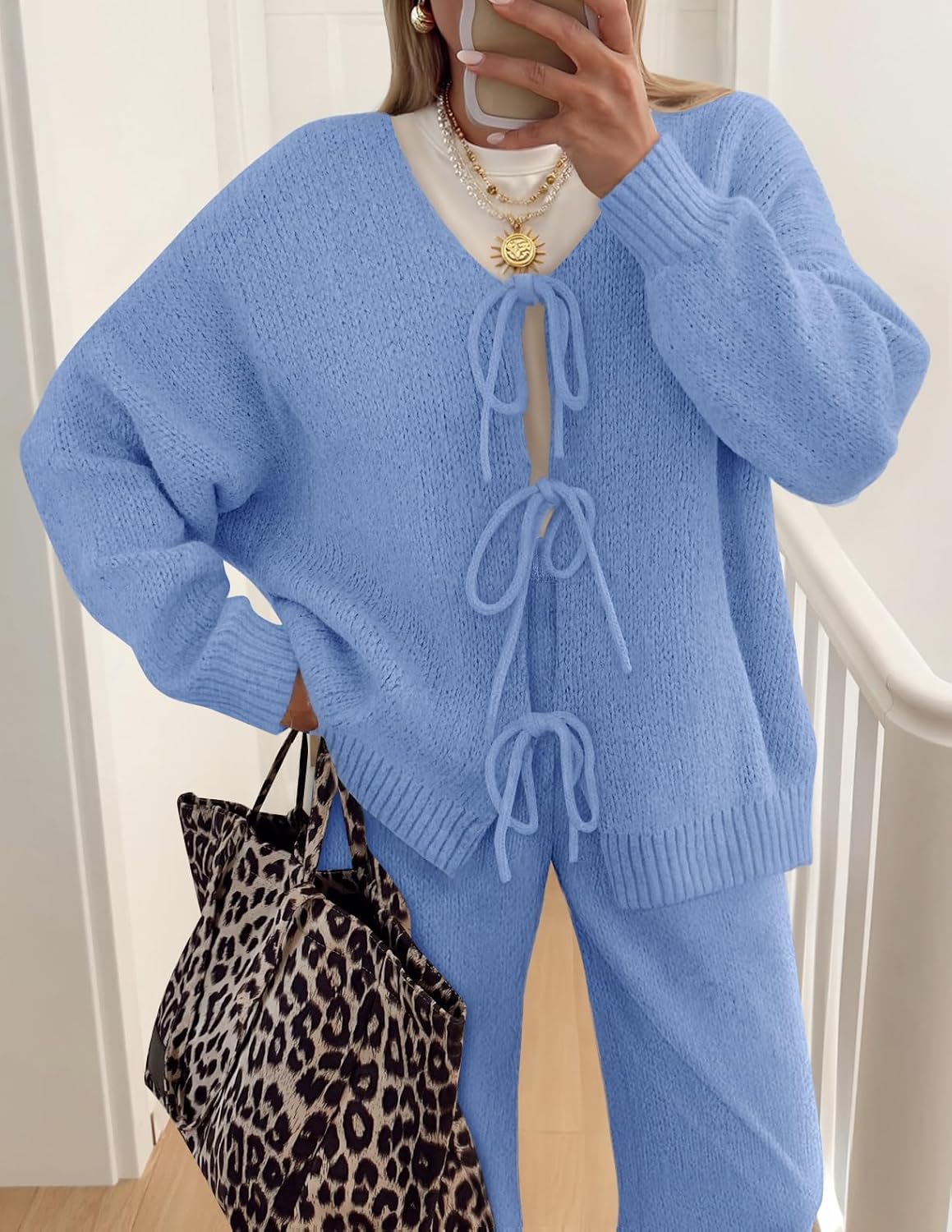 ZESICA Women's 2 Piece Outfits Lounge Pajama Sets 2025 Fall Long Sleeve Cardigans Wide Leg Pants Matching Winter Clothes