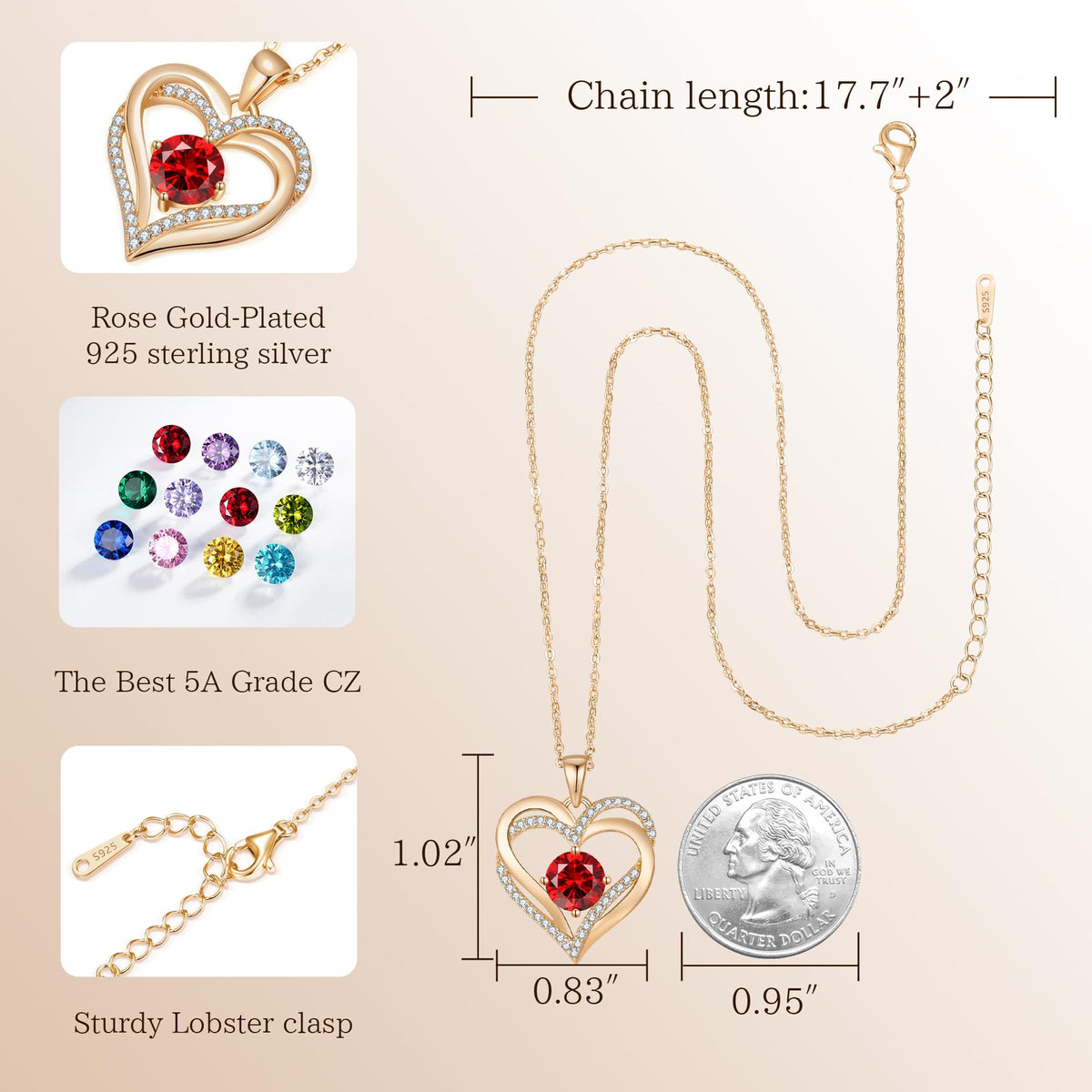 Personalized Double Heart Birthstone Necklace for Women – Sterling Silver Gift
