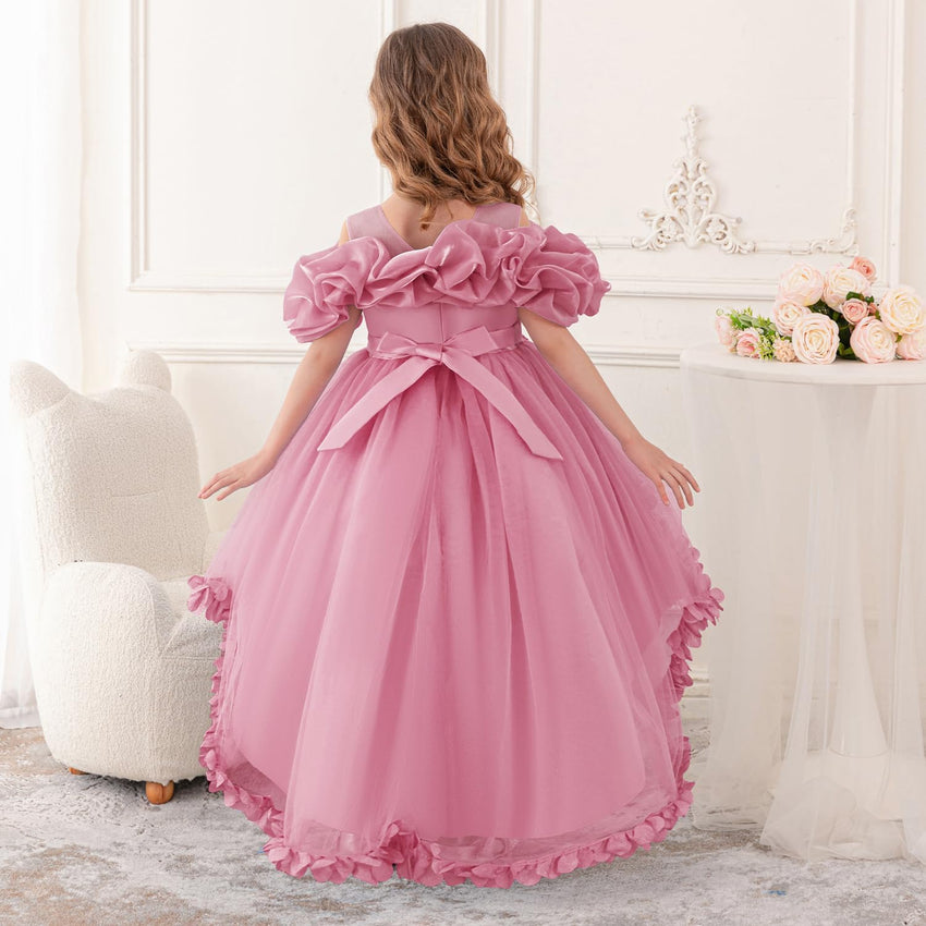 Girl's Princess Dress, Birthday Party, Pageant Gown - Ruffle Tulle Satin Princess Dresses with Kids Train