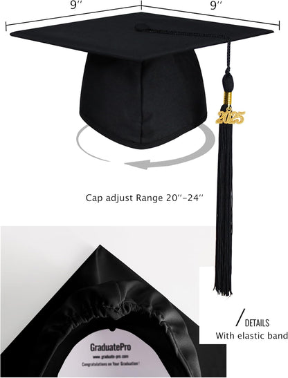 GraduatePro Matte Graduation Cap and Gown Class of 2025 Set Bulk with Tassel for High School & College 12 Colors