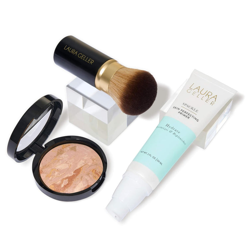 LAURA GELLER NEW YORK Laura's Must-Haves Kit 3pc: Baked Balance-n-Brighten Powder Foundation, Medium + Spackle Skin Perfecting Makeup Primer, Hydrate + Airbrush Round Kabuki Brush