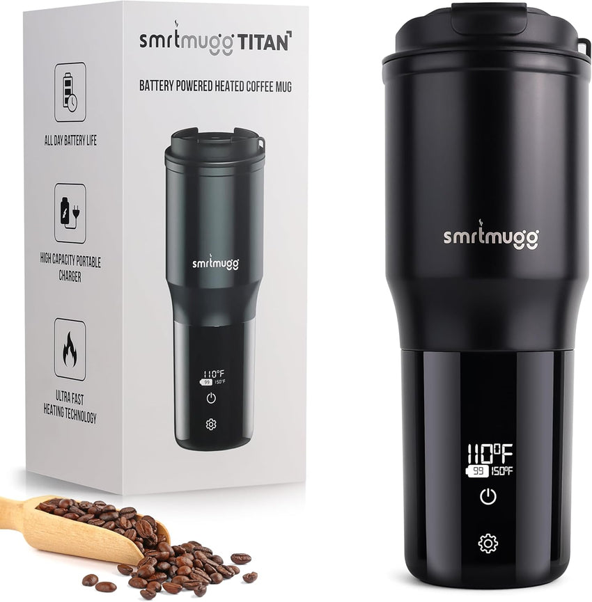TITAN Heated Coffee Mug, 15 oz. 15 Hour Battery Life, Self-Heating, Battery Powered, Adjustable Temperature, LCD Screen, Portable Charger, Great for Coffee and Tea Lovers (Black)