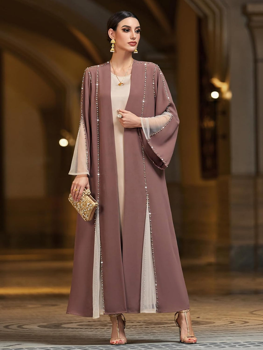 Handmade Beaded Open Front Robe Coat, Elegant Long Sleeve Outerwear Women's Modest Cover-Up, NO INNER, Mauve Brown
