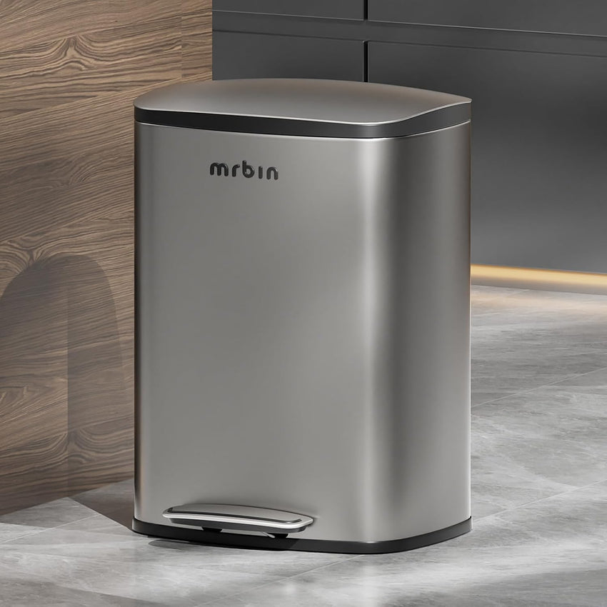 MRBIN Stainless Steel Kitchen Trash Can with Lid and Odor Filter, 13gal / 50L Step Tall Kitchen Pedal Garbage Pail, Commercial Large Rectangle Office Waste Basket for Bathroom, Garage, Eclipse Grey