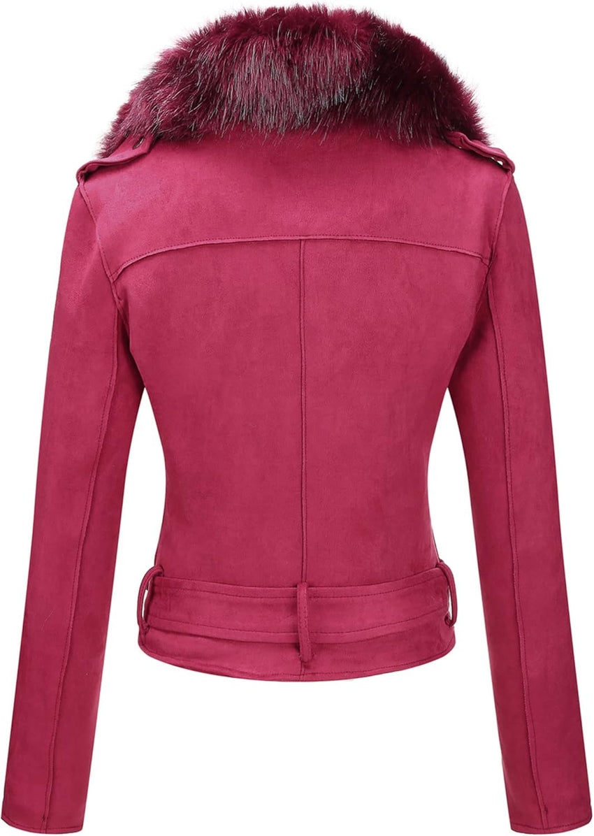 Bellivera Women Faux Leather Suede Jacket Moto Biker Coat Sherpa-Lined Overcoat with Removable Belt