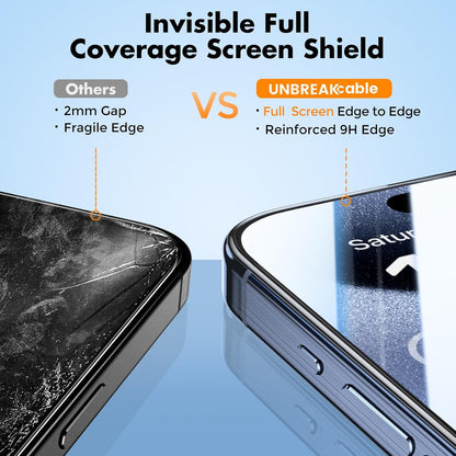 UNBREAKcable 3-Pack Screen Protector for iPhone 15 Pro Max, Double Shatterproof Tempered Glass [Easy Installation Frame] [HD Clear] [9H Hardness] [Full Coverage] for iPhone 6.7 inch