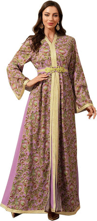 Abaya for Women Floral Embroidered Muslim Dress V-Neck Arabian Maxi Robe