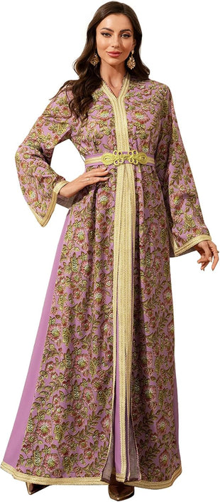 Abaya for Women Floral Embroidered Muslim Dress V-Neck Arabian Maxi Robe