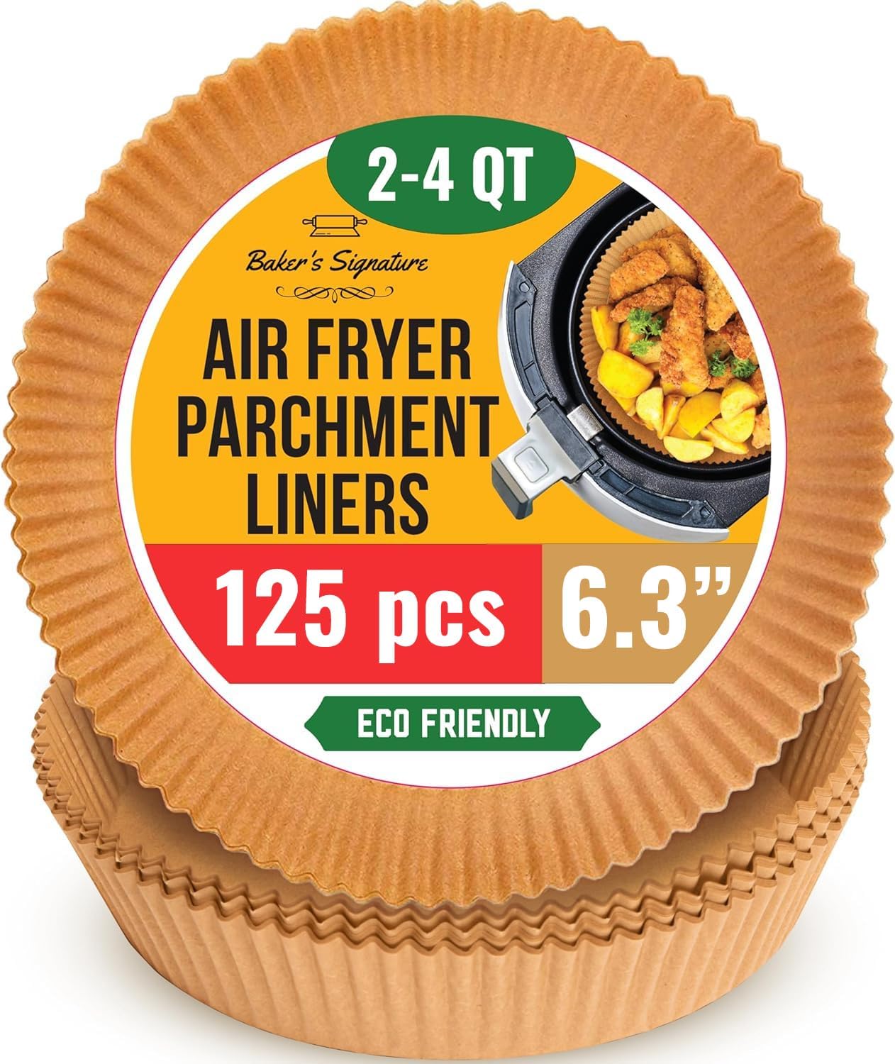 Air Fryer Paper Liners, 125Pcs Air Fryer Disposable Liners, Non-Stick and Oil Proof for Easy Cleanup, 8” Square for 5-8 qt Basket by Baker's Signature