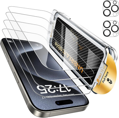 UNBREAKcable for iPhone 16 Pro Screen Protector 4+2 Pack [9H+ Military-Grade Shatterproof] [Effortless Bubble-Free Installation] Ultra HD Clarity Tempered Glass with Lens Protector, Case friendly
