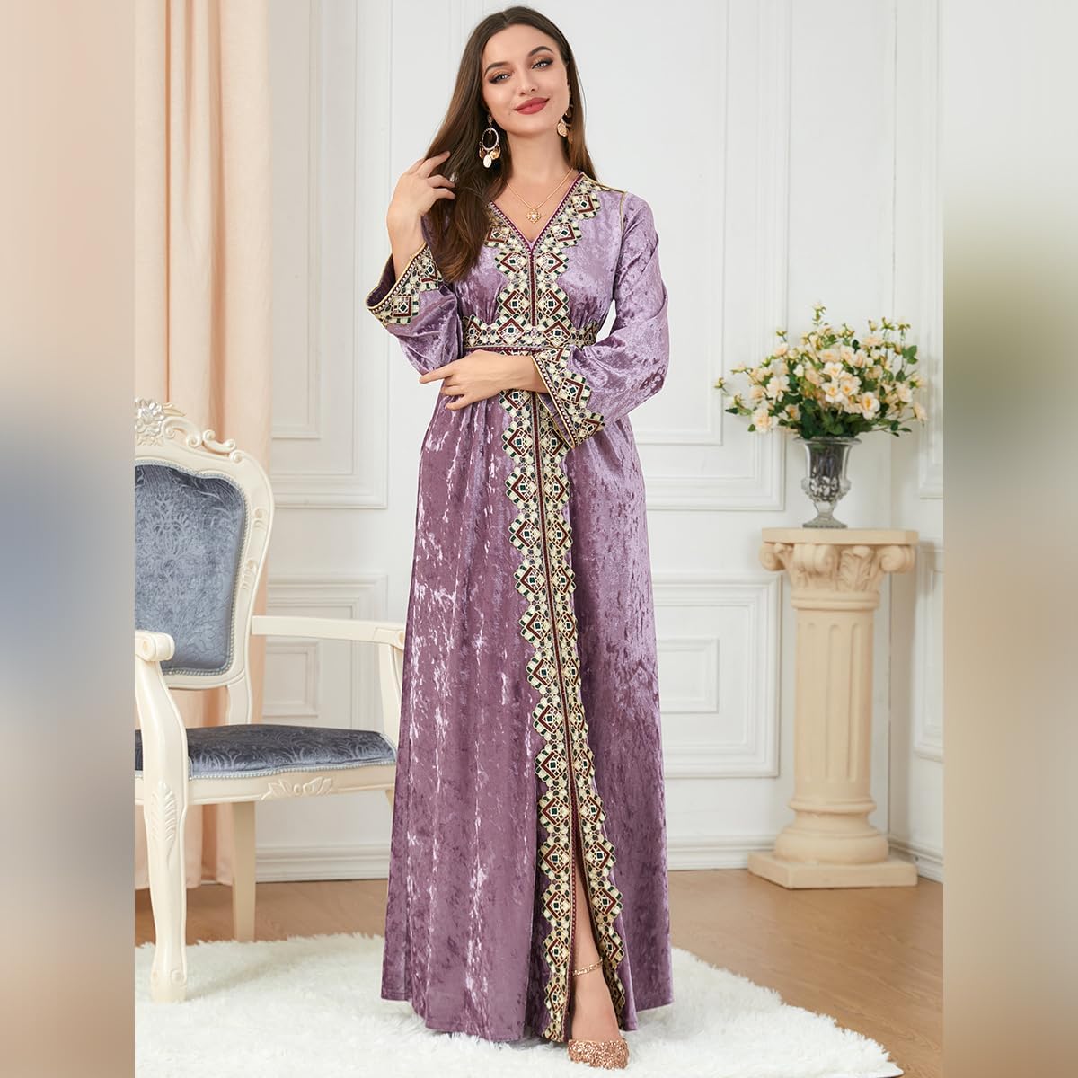 ODIZLI Muslim Kaftan Abaya Moroccan Fashion Autumn Winter Long Sleeve Velvet Dress for Eid Ramadan