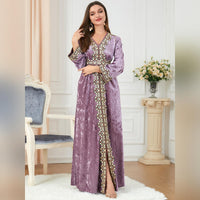 ODIZLI Muslim Kaftan Abaya Moroccan Fashion Autumn Winter Long Sleeve Velvet Dress for Eid Ramadan