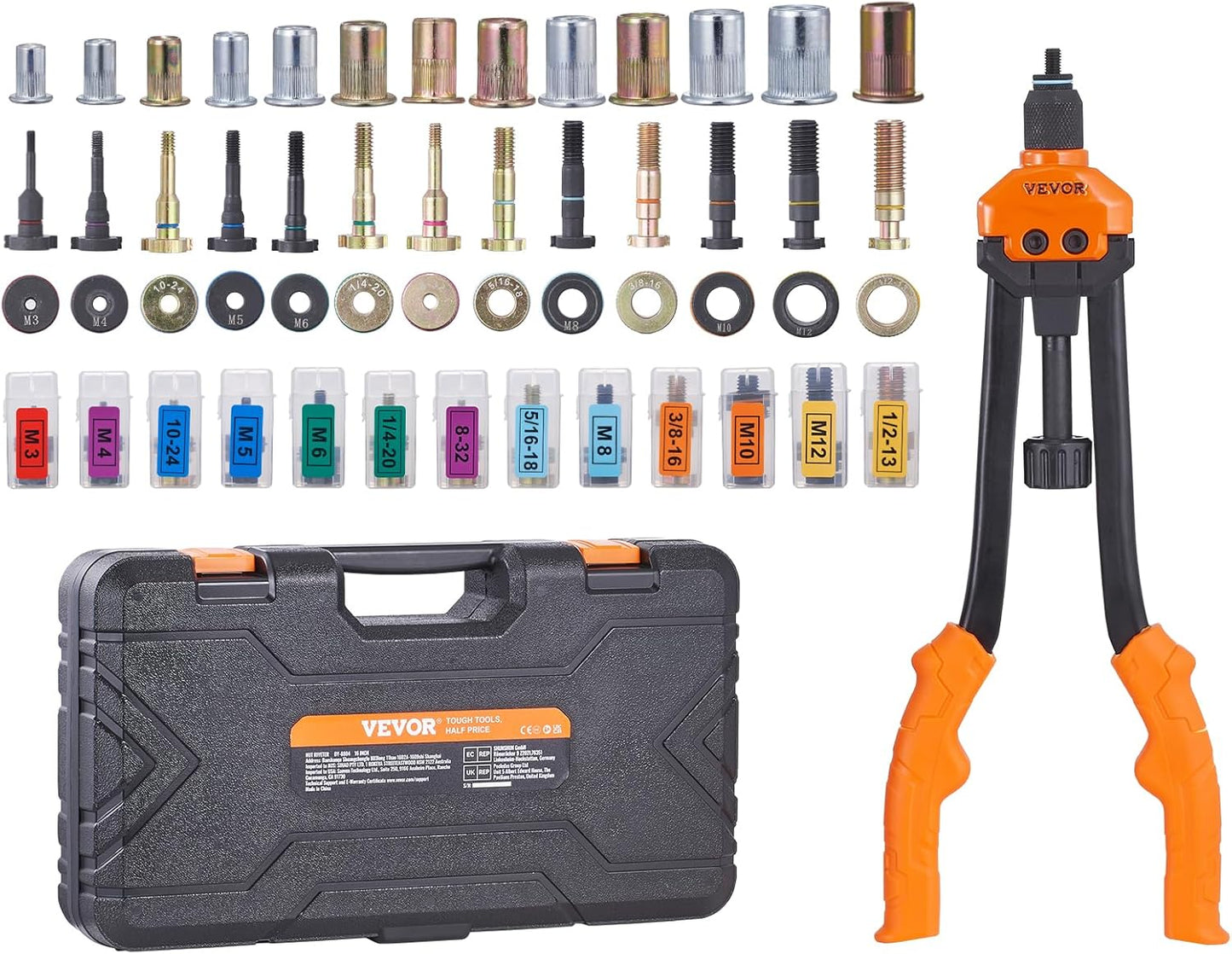VEVOR Rivet Nut Tool, 16 inch Rivnut Tool Kit with 13PCS Metric and SAE Mandrels, 186PCS Rivet Nuts, Semi-auto Retraction, M3, M4, M5, M6, M8, M10, M12, 1/4-20, 5/16-18, 3/8-16, 1/2-13, 8-32, 10-24